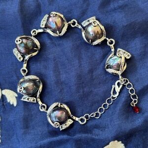 Black Baroque Genuine Freshwater Pearl Bracelet Silver CZ Adjustable Length
